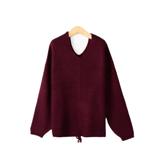 Damen Grobstrick Pullover mit attraktivem V-Ausschnitt und praktischen Kordeldetails R&B