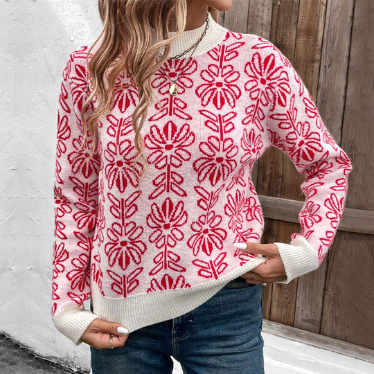 Damen Strickpullover mit floralen Mustern und elegantem Stehkragen R&B