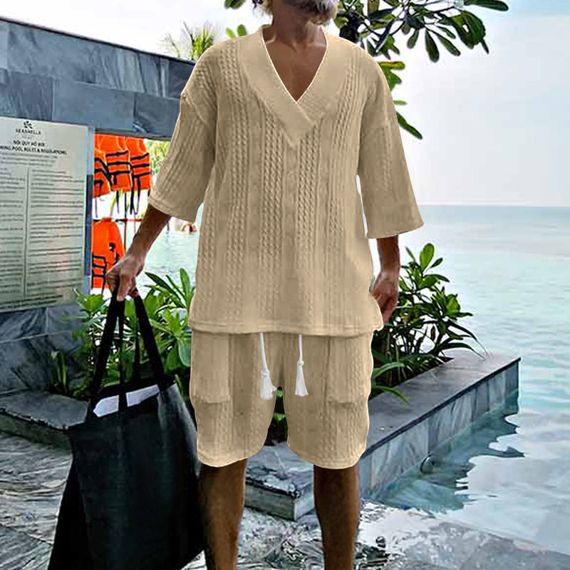 Herren nan lässiges Strick-Set mit V-Ausschnitt, Kurzarm-Oversize und Kordelshorts R&B