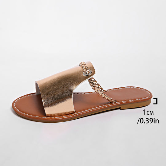 Damen Flache Sandalen mit geflochtenem Riemen und glänzender Oberfläche R&B