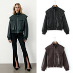 Damen elegante Kunstlederjacke mit hohem Kragen R&B