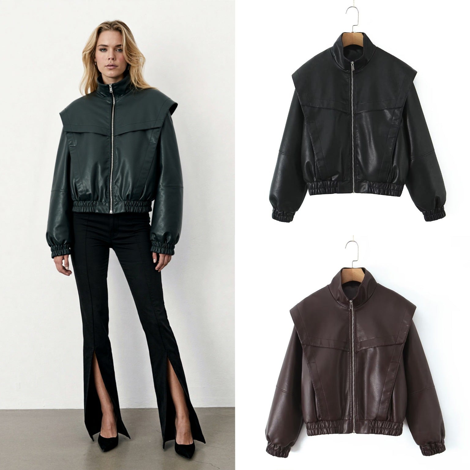 Damen elegante Kunstlederjacke mit hohem Kragen R&B