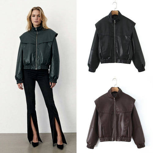 Damen elegante Kunstlederjacke mit hohem Kragen R&B