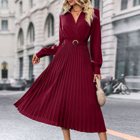 Damen Plissiertes Midikleid mit eleganter Wickeloptik und Taillengürtel R&B