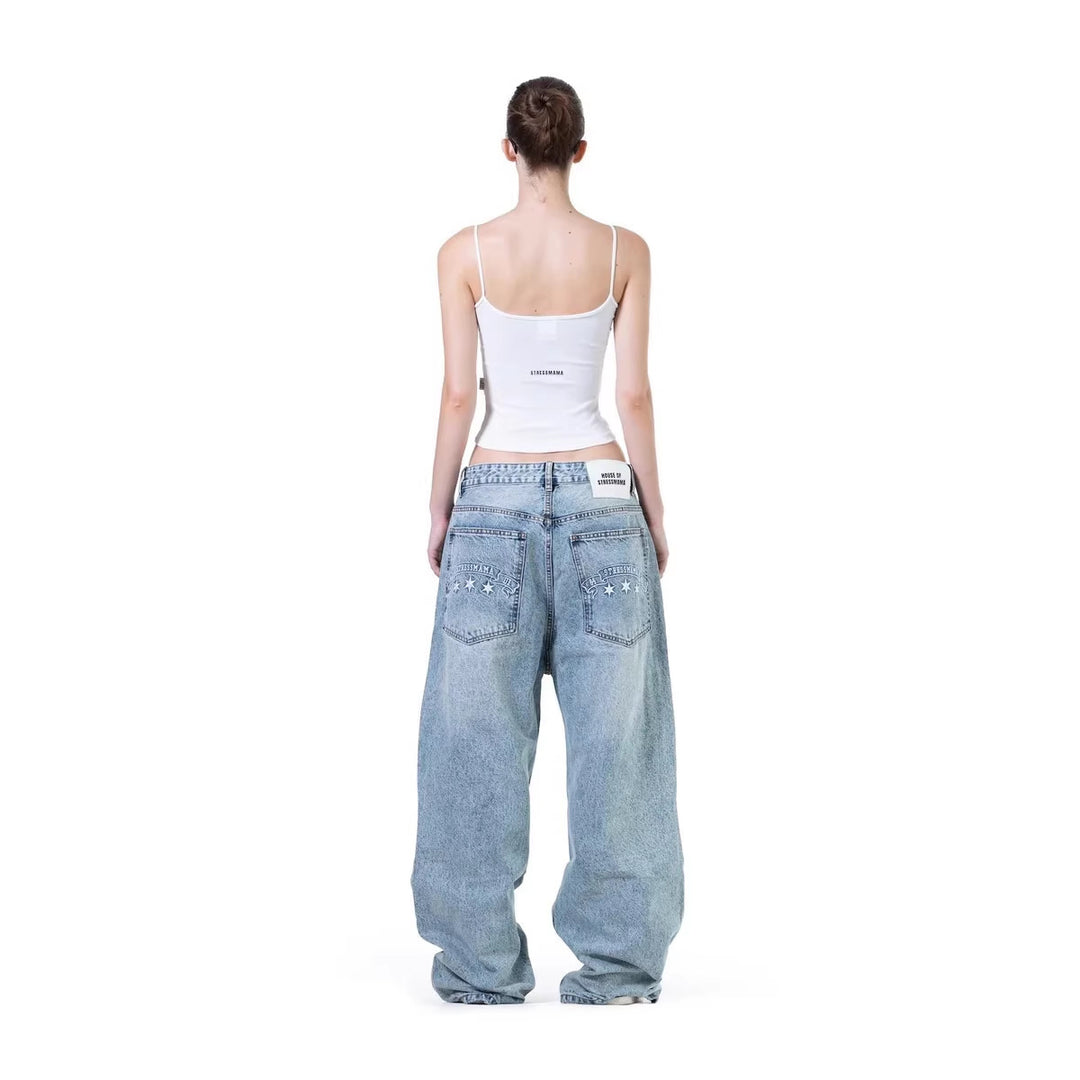Damen weite Denim-Jeans mit stilvollem Stickdesign R&B