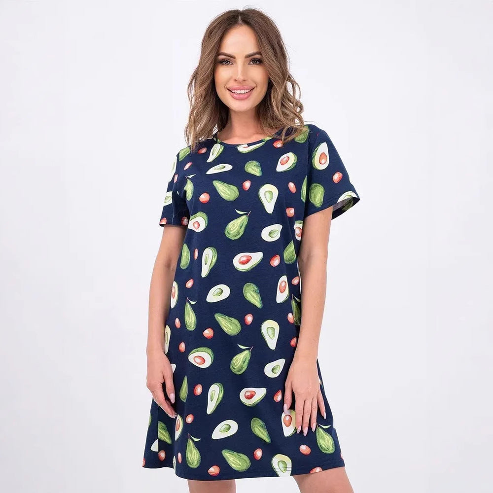 Damen lässiges Blumen-Minikleid aus atmungsaktiver Baumwolle mit Rundhalsausschnitt R&B