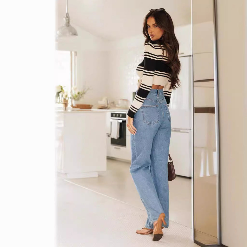 Damen Flared Jeans mit hohem Bund und weitem Bein für lässigen Stil R&B