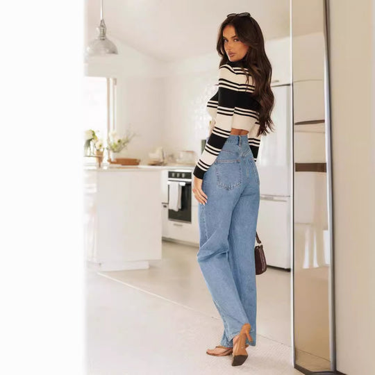 Damen Flared Jeans mit hohem Bund und weitem Bein für lässigen Stil R&B