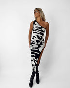 Damen figurbetontes Maxikleid mit asymmetrischem Schnitt und grafischem Muster R&B
