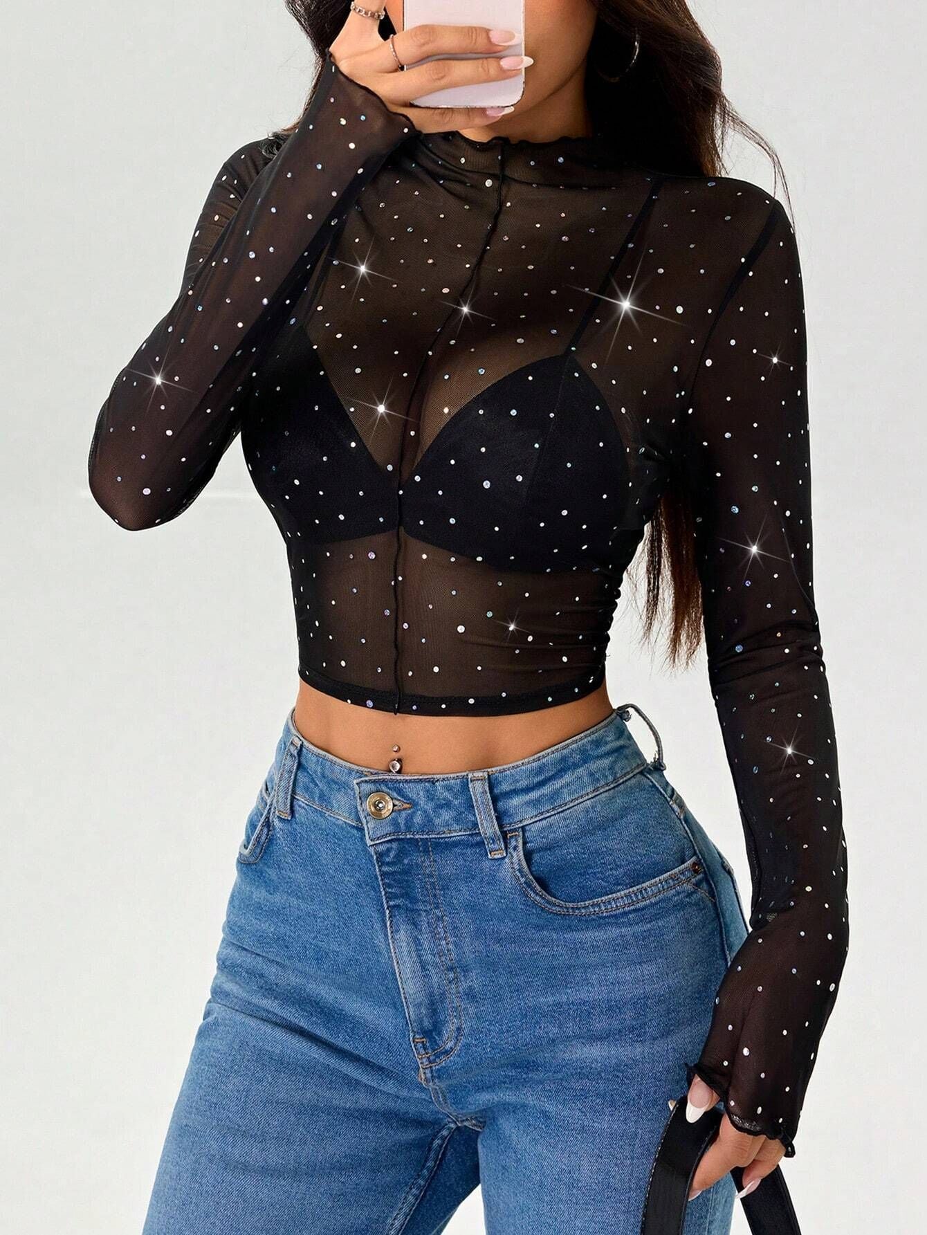 Damen Transparentes Oberteil mit Glitzer R&B