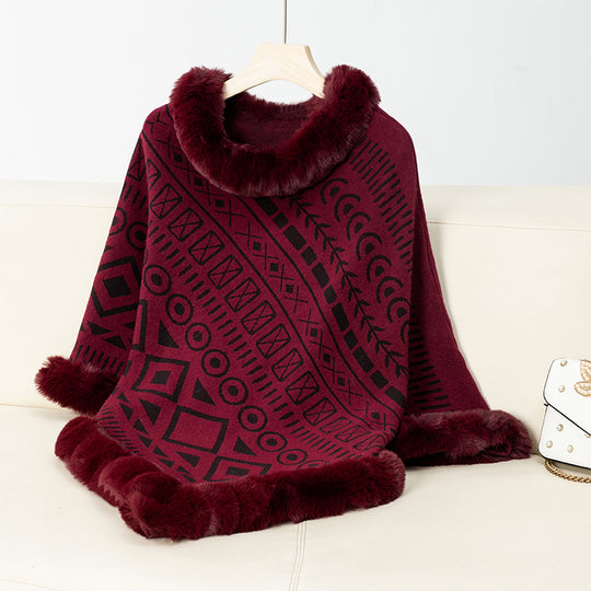 Damen modischer Poncho mit dekorativem Kunstfellkragen R&B