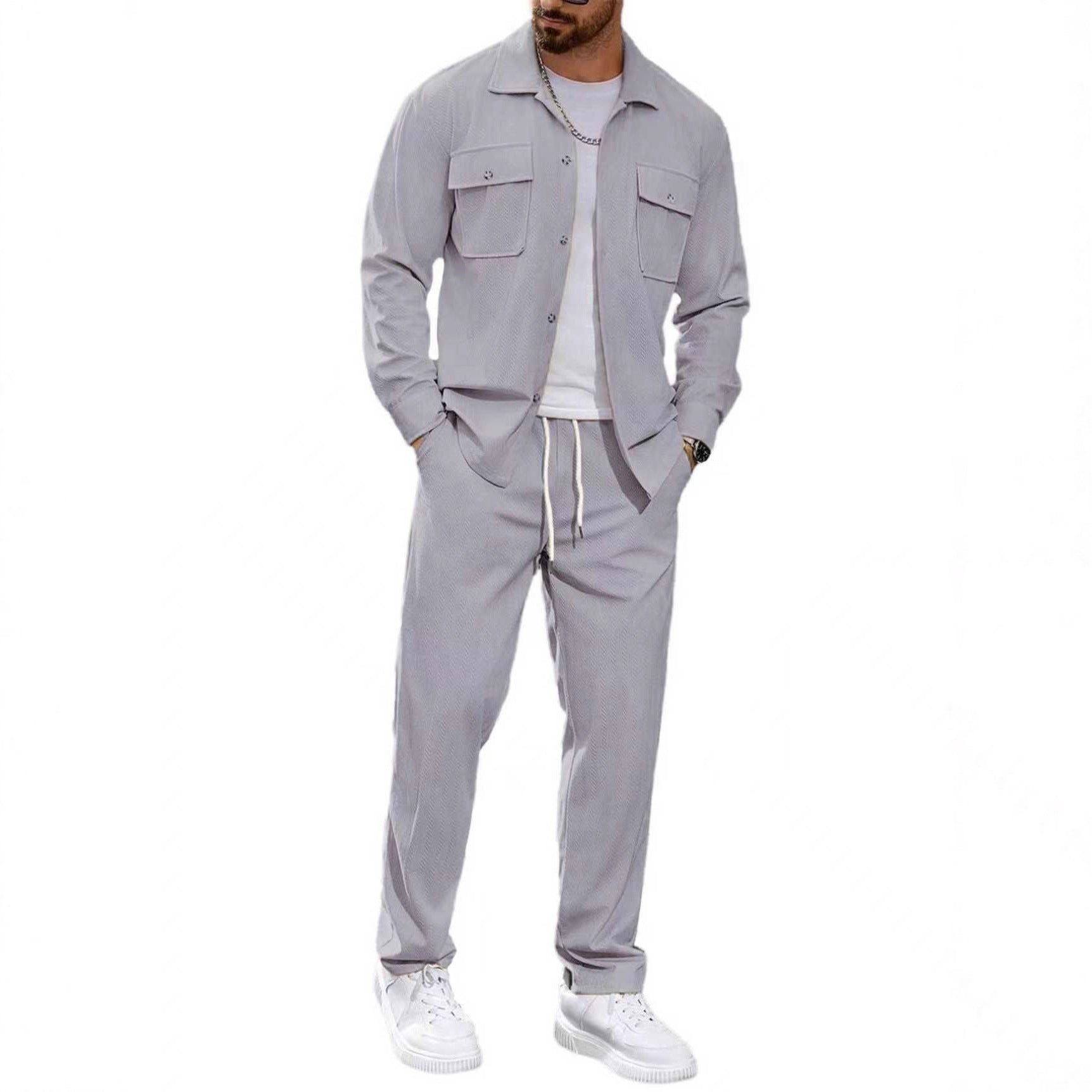 Herren nan lässiger Zweiteiler Hemdjacke mit aufgesetzten Brusttaschen und Kordelzughose R&B