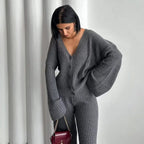Damen Strick-Loungewear-Set mit weiten Ärmeln und Knopfleiste R&B