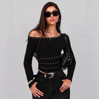 Damen nan asymmetrisches schulterfreies Langarmshirt mit Nietenbesatz und tailliertem Schnitt R&B