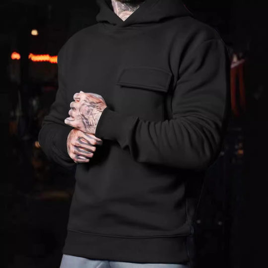 Herren nan athletischer Kapuzenpullover mit aufgesetzter Klappentasche aus schwerer French-Terry R&B