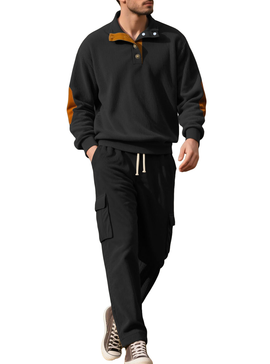 Herren nan strukturierter Troyer-Pullover mit Stehkragen Druckknopfleiste und Velours-Ellenbogenpatch R&B