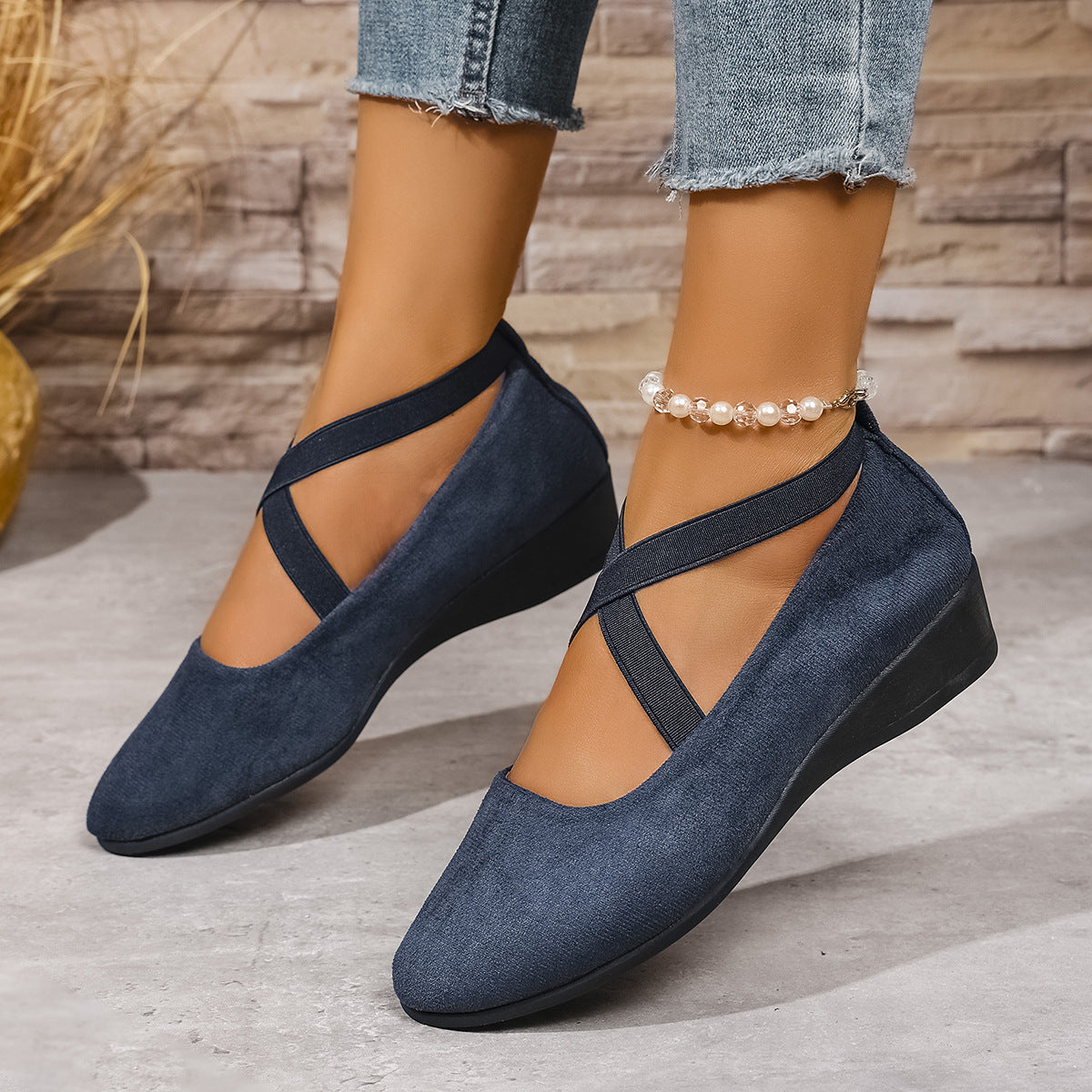 Damen Wedge-Ballerinas mit elastischem Kreuzband-Design und rutschfester Sohle R&B