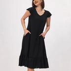 Damen Midi-Kleid mit modischem V-Ausschnitt und Rüschensaum R&B
