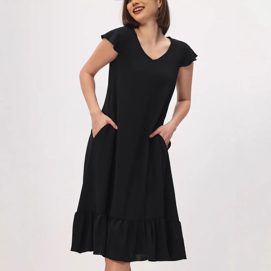 Damen Midi-Kleid mit modischem V-Ausschnitt und Rüschensaum R&B
