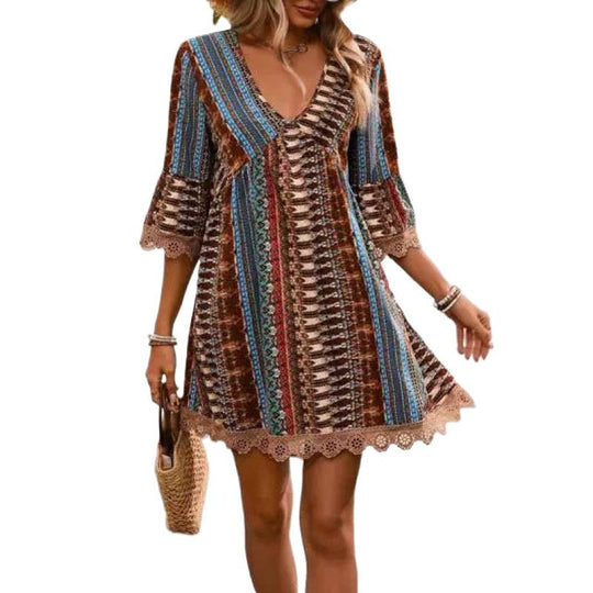 Damen Freizeitkleid mit lässigen Rüschendetails und buntem Muster R&B