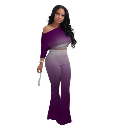 Damen Lässiges Ombre Set mit stilvollem Off-Shoulder Oberteil und figurbetonten Hosen R&B