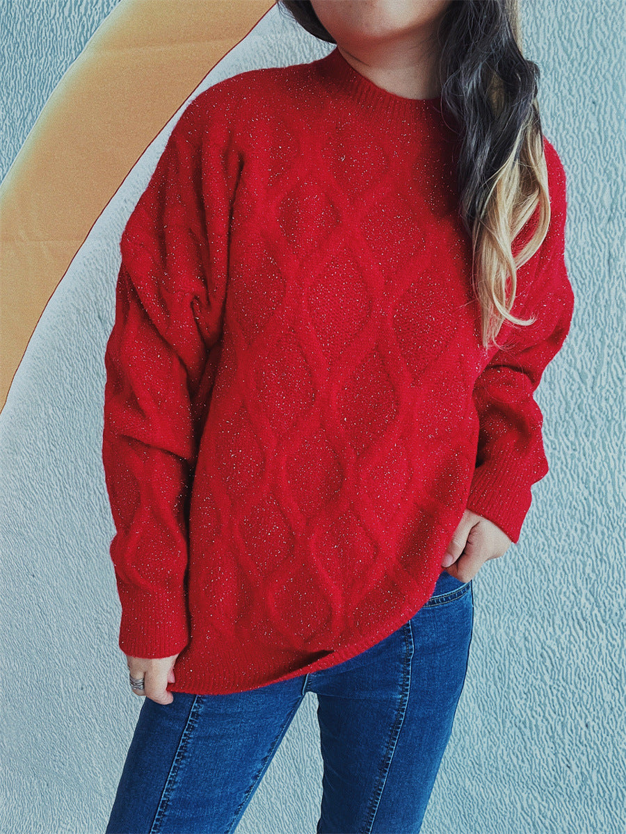 Damen Grobstrickpullover mit elegantem Rautenmuster und voluminösen Ärmeln R&B