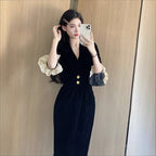 Damen elegantes Kleid mit Spitzenärmeln und dekorativen Knöpfen