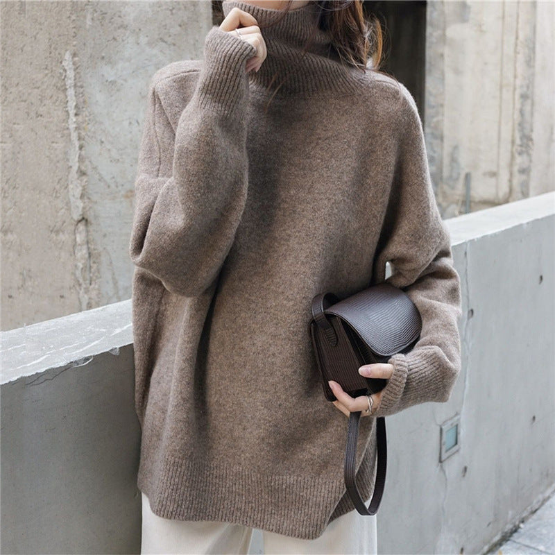 Damen Oversized Pullover mit hohem Kragen und Puffärmeln R&B