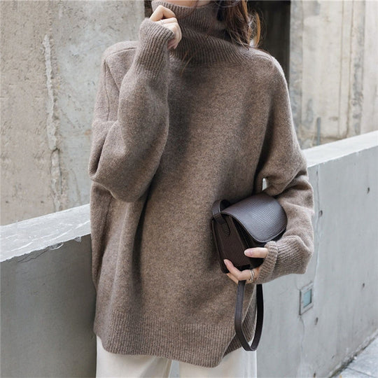 Damen Oversized Pullover mit hohem Kragen und Puffärmeln R&B