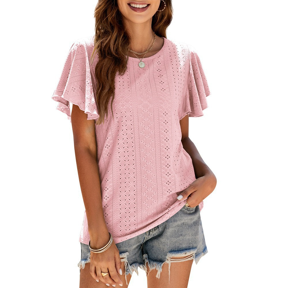Damen T-Shirt mit eleganten Volantärmeln und durchbrochenem Design R&B