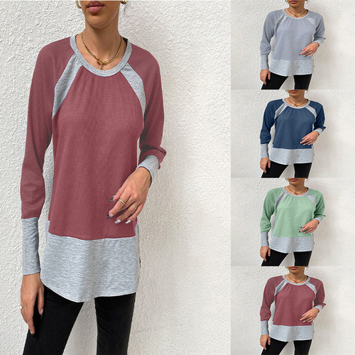 Damen lässiges Langarmshirt mit Waffle-Struktur und Kontrastärmeln R&B