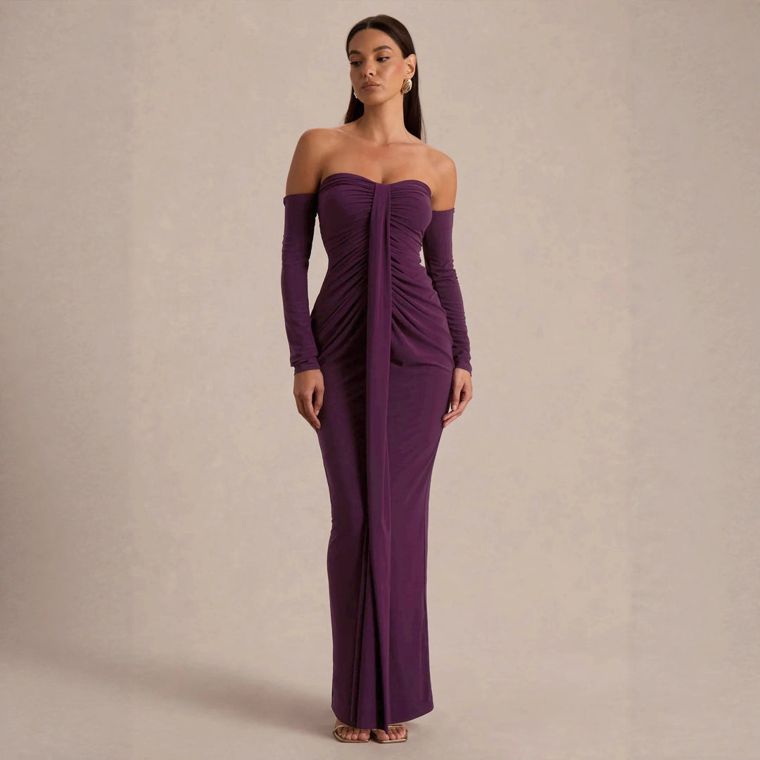 Damen trägerloses Abendkleid mit langen Ärmeln und raffinierten Rüschendetails R&B