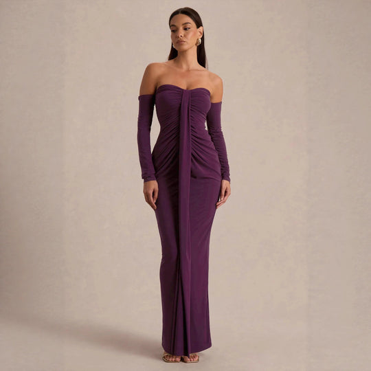 Damen trägerloses Abendkleid mit langen Ärmeln und raffinierten Rüschendetails R&B