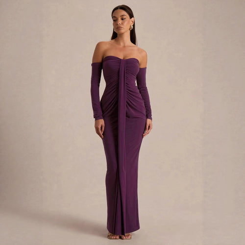 Damen trägerloses Abendkleid mit langen Ärmeln und raffinierten Rüschendetails R&B