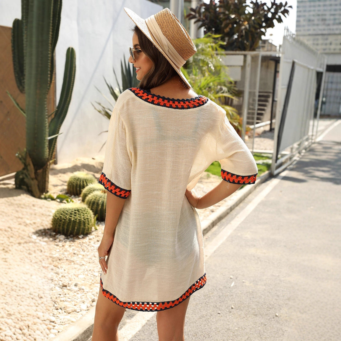 Damen luftiger Kaftan mit buntem Häkelbesatz R&B