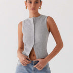 Damen ärmelloses Knopfschalenshirt aus Rippenstoff mit modernem Schnitt R&B