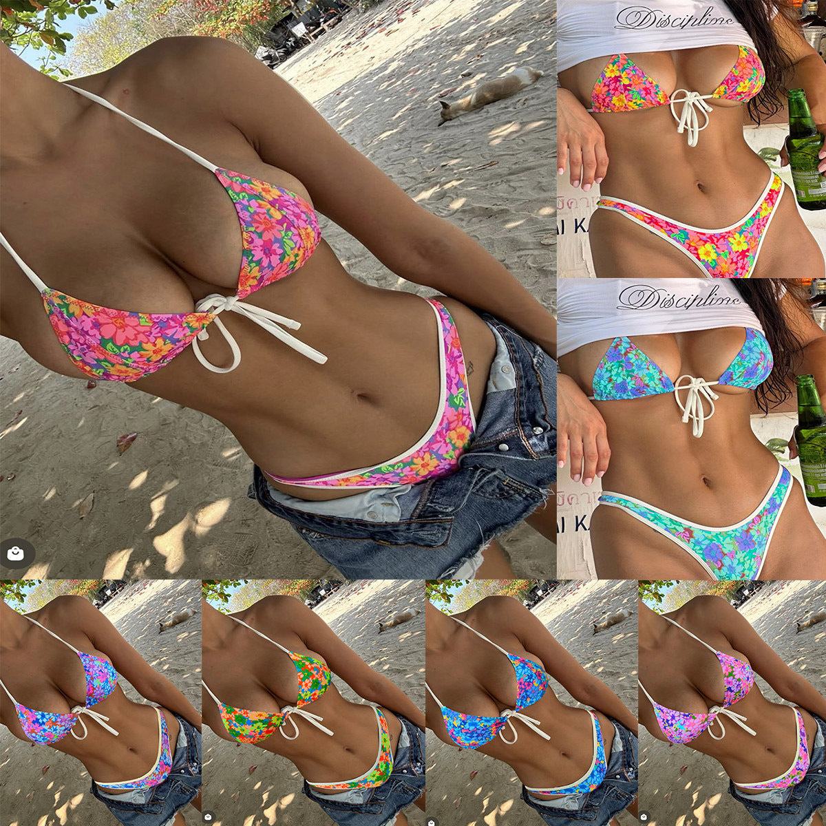 Damen Triangel-Bikini mit lR&Bhaftem Blumenmuster und raffinierten BindR&Bändern R&B