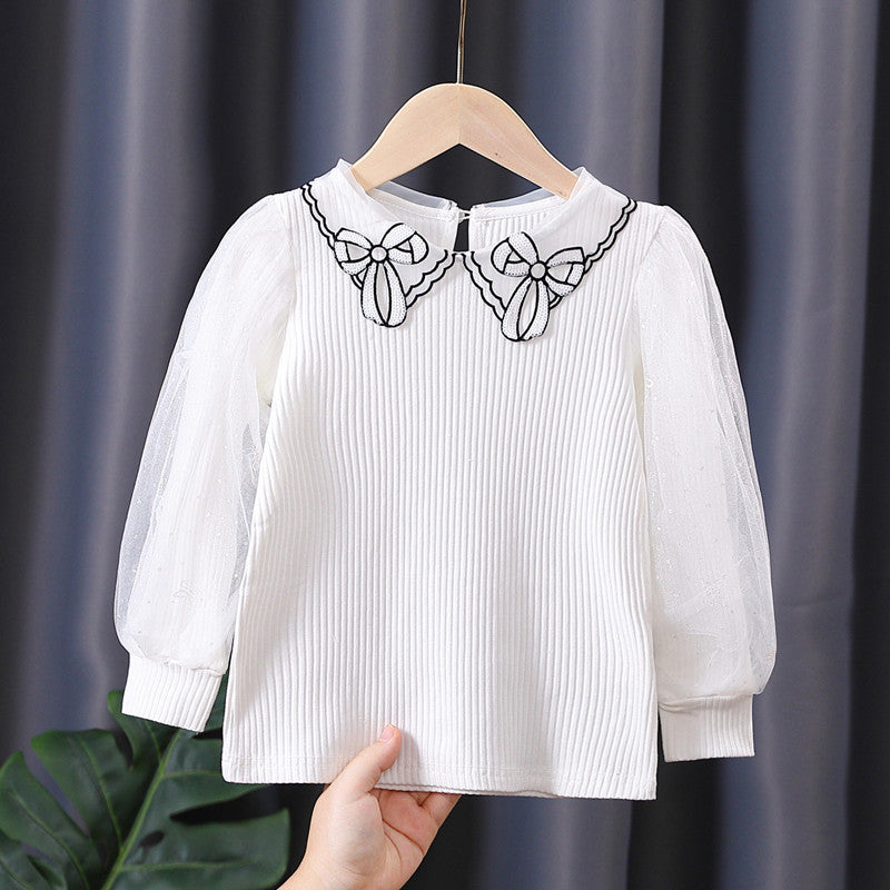 Mädchen Bluse mit transparenter Puffärmel und besticktem Kragen R&B