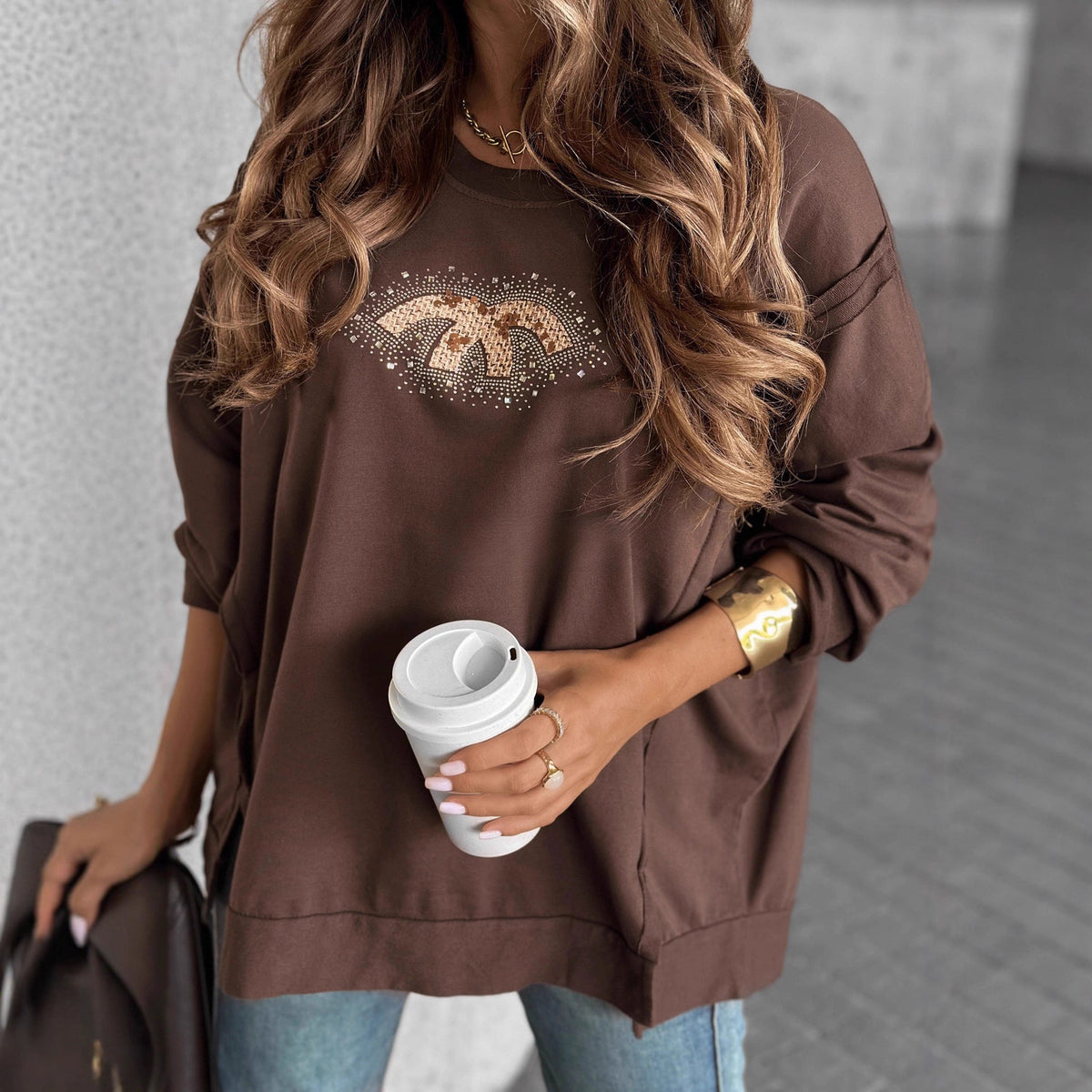 Damen Oversized Sweatshirt mit Glitzer-Print R&B