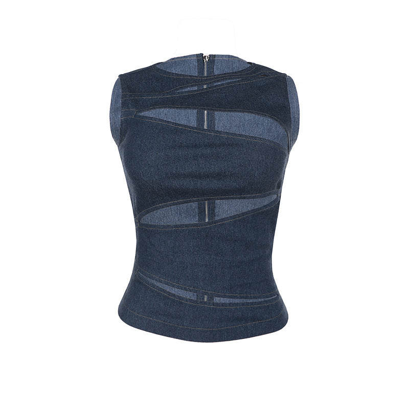 Damen figurbetontes Denim-Top mit asymmetrischen Cut-Outs und stylischem Design R&B