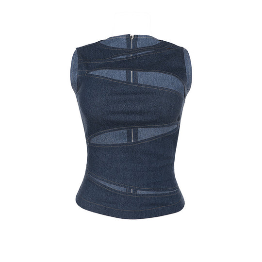 Damen figurbetontes Denim-Top mit asymmetrischen Cut-Outs und stylischem Design R&B