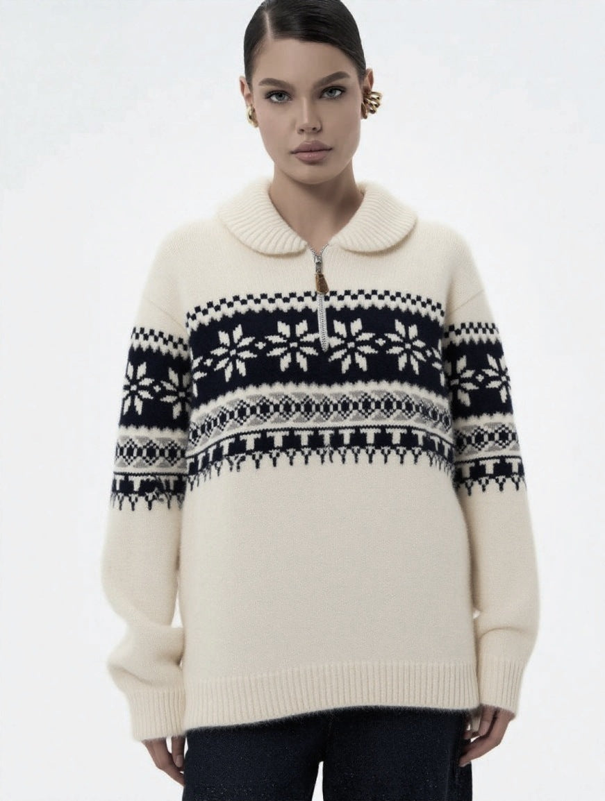 Damen gestrickter Pullover mit Halskragen und Modischem Norweger-Muster R&B