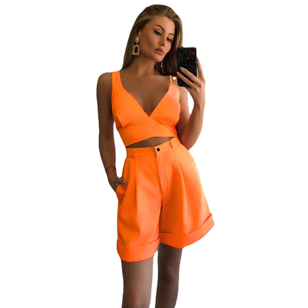 Damen trendiges Zweiteiler-Set mit tiefem V-Ausschnitt und weiten Shorts R&B