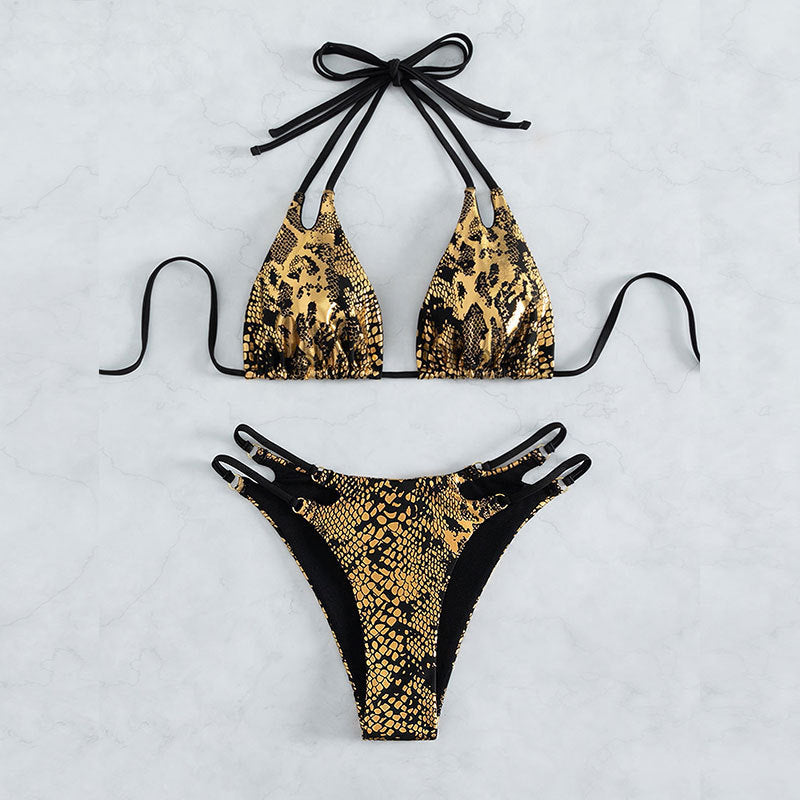 Damen Triangel-Bikini mit außergewöhnlichem Schlangenleder-Design und eleganten Riemen
