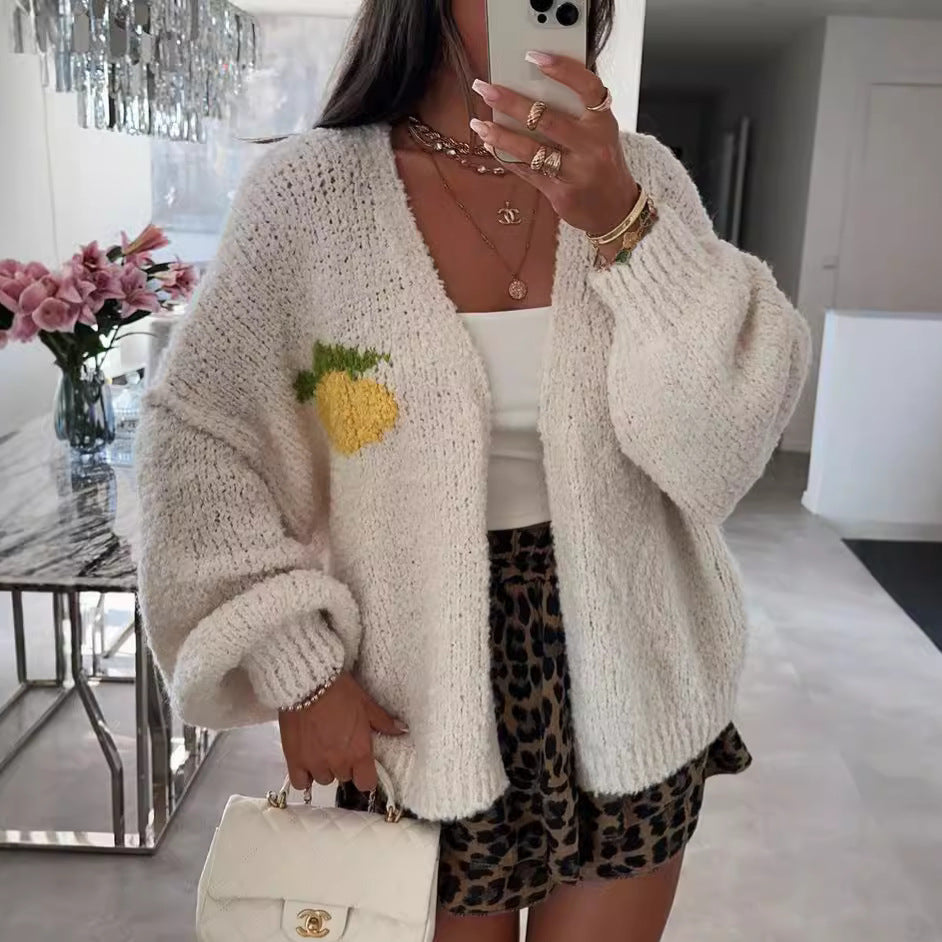Damen Strickjacke mit fröhlichem Ananas-Motiv und oversized Schnitt R&B