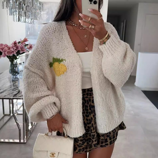 Damen Strickjacke mit fröhlichem Ananas-Motiv und oversized Schnitt R&B
