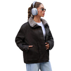 Damen lässige Übergangsjacke mit Kunstfellkragen und praktischen Taschen R&B
