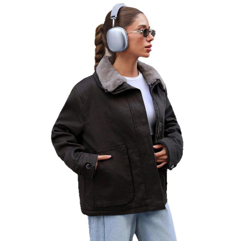 Damen lässige Übergangsjacke mit Kunstfellkragen und praktischen Taschen R&B