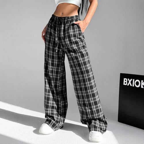 Damen lässige Karohose mit elastischem Bund und Kordelzug R&B