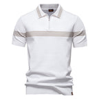 Herren nan edles Feinstrick-Poloshirt mit kurzem Metallreißverschluss, Bündchenärmeln und kontrastierten Streifenbändern R&B